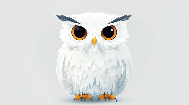   A white owl perched atop an orange orb, staring somberly into the lens