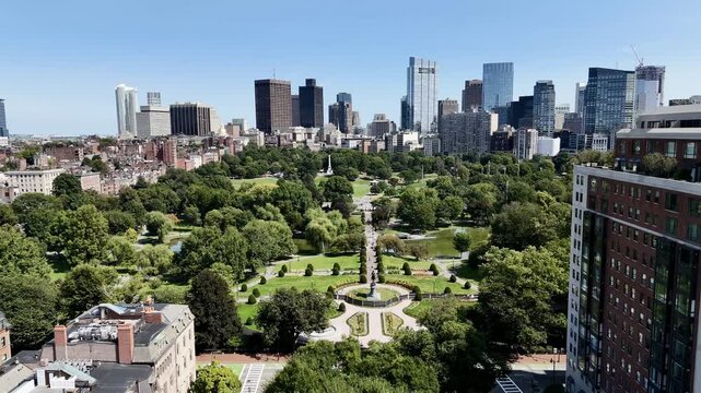 Christopher Columbus Park in Boston. A sunny summer day with the Boston skyline. Massachusetts, USA.
