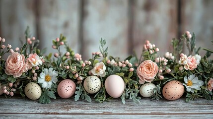 Obraz premium Row of eggs on wooden table with flowers and greenery