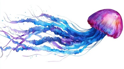Fototapeta premium Watercolor illustration of a jellyfish featuring shades of blue and purple on its backside