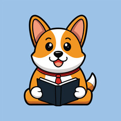 Cute Corgi with Book Cartoon