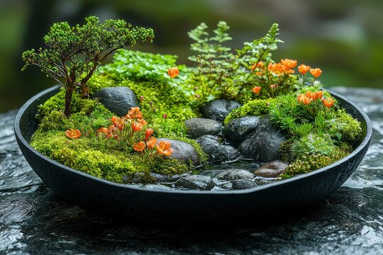 ecological microlandscape imitating nature with moss. Realistic image