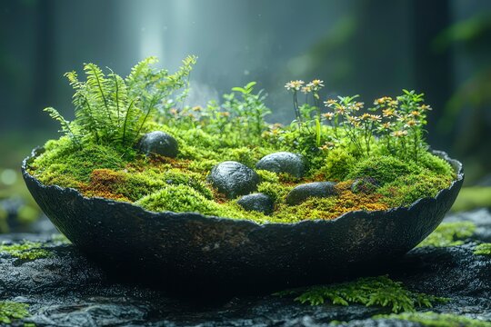 ecological microlandscape imitating nature with moss. Realistic image...