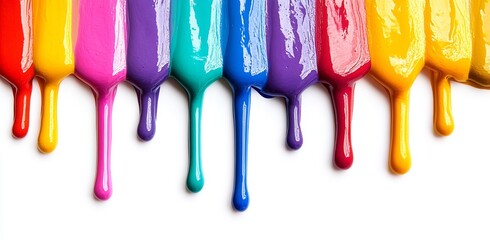 Rainbow-colored paint dripping down from above, showcased as isolated art on a white background