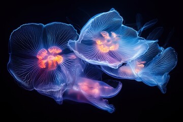 Obraz premium A cluster of Atlantic jellyfish Chrysaora quinquecirrha in a glowing aquarium with neon