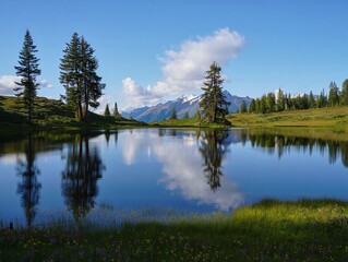 Mountain Lake Reflection with Trees and Peaks. Generated AI