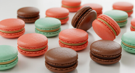Obraz premium Delightful assortment of colorful macarons elegantly arranged on a clean white surface