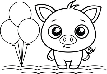 Outlined Cartoon Pig Standing With Balloons in Transparent