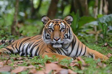 A detailed photo of the Malayan tiger a subspecies found in southern and central Peninsul