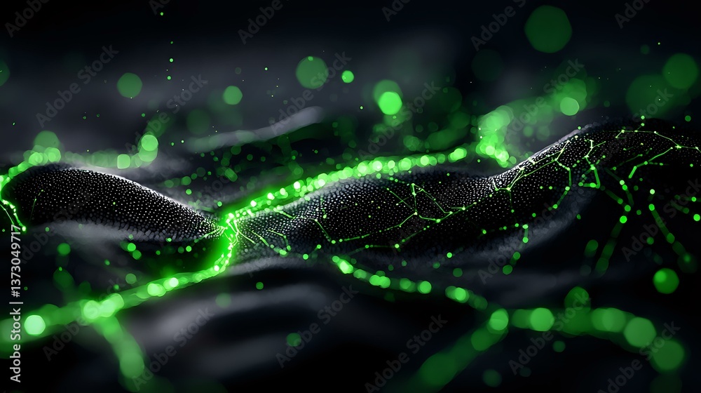 Poster glowing green particles and light waves flow through dark space creating dynamic network connections