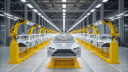 Fototapeta premium Car factory assembly line with robotic arms