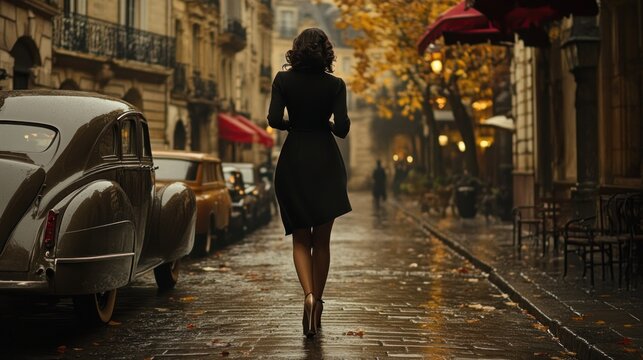 Fototapeta Parisian woman in vintage dress walks rainy street, vintage cars in background