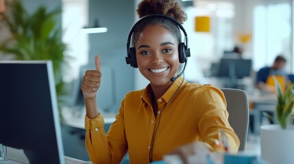 A cheerful customer service agent wearing a headset, giving a thumbs-up while assisting a client via video call.