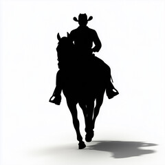 A bold silhouette depicts a cowboy on horseback, symbolizing adventure and the spirit of the open plains, cut out, isolated, white background