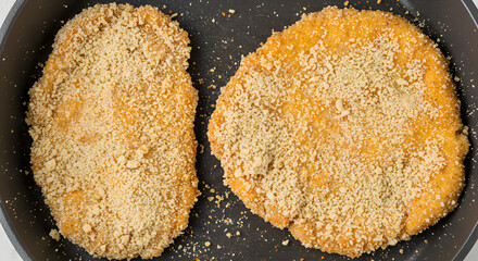 Golden breaded chicken cutlets ready for frying in a dark pan, top view