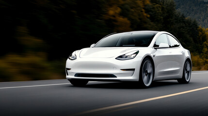 sleek white electric car driving on scenic road
