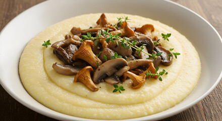 Delicious creamy polenta dish with saut?ed wild mushrooms and aromatic thyme garnish