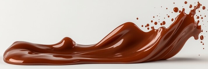 A caramel splash, a sweet liquid candy swirl and wave, splashing with droplets. A 3D melted toffee syrup with splatters and dynamic motion, isolated on a white background
