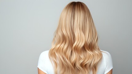 Naklejka premium Young woman with long wavy blonde hair styled in soft curls wearing white top against light gray background, back view. Professional hairstyle demonstrates healthy shiny hair.