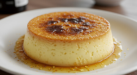Decadent cr?me br?l?e with a perfectly caramelized sugar crust on white plate