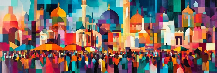 Colorful abstract painting of a city with domes and a