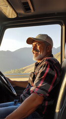 Mature male truck driver smiling while seated in cabin during scenic mountain drive illuminated by golden hour sunlight showing freedom confidence and travel lifestyle