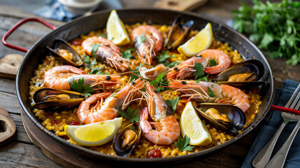 seafood paella in a pan