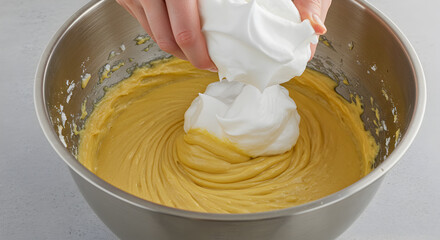 Gentle integration fluffy egg whites into cake batter: culinary precision and lightness