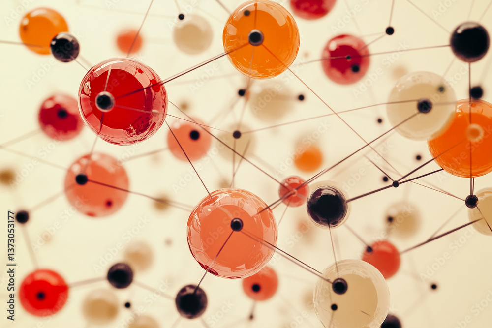 Aufkleber Abstract image of interconnected glossy spheres in red, orange, and beige tones, creating a network visualization, showcasing connection and interaction