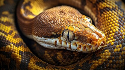   A zoomed-in picture of a snake's head, displaying a yellow and brown pattern along its body and head