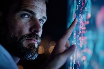 Bearded Caucasian man analyzing digital data on futuristic transparent display with blue technology interface, working late at night in dark office.