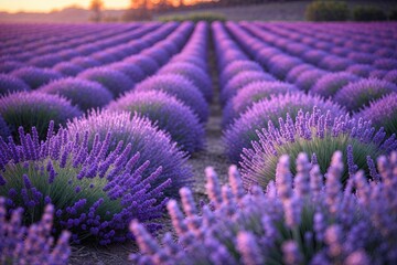 Naklejka premium Dreamy Purple Lavender Fields in a Calming Spring Evening Scene