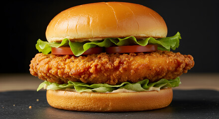 Delectable crispy chicken sandwich with fresh toppings on dark textured surface
