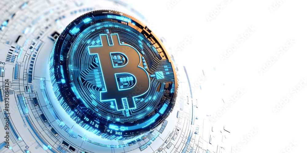 Wall mural bitcoin symbol with a futuristic blockchain interface, blue digital elements, and technology-inspire