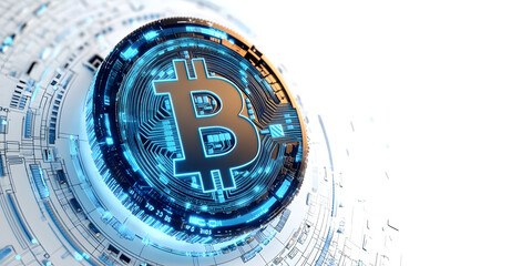 Bitcoin symbol with a futuristic blockchain interface, blue digital elements, and technology-inspired layout on a white background. 3D Rendering.