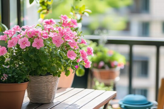 Balcony garden table featuring spring blooms in pink