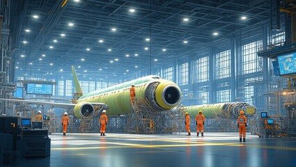 Airplane mechanics inspect aircraft during maintenance inside a large industrial aviation hangar building