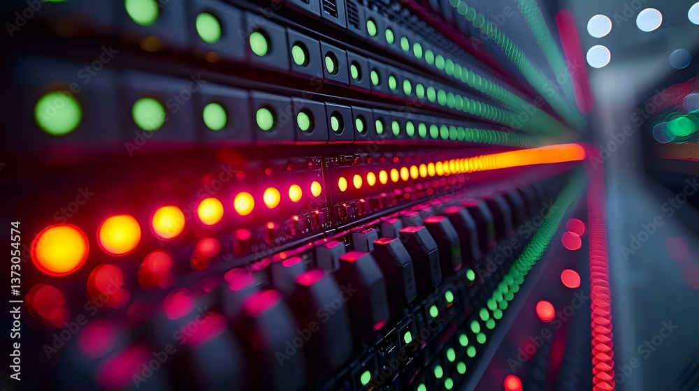 Poster network server rack with glowing led status indicators in red and green colors showing active data t