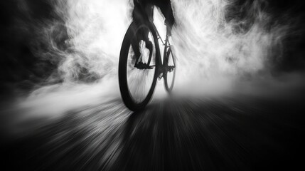 Obraz premium Cyclist Silhouette, Smoky Night, Blurry Road, Action Shot