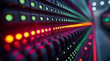 Network server rack with glowing LED status indicators in red and green colors showing active data transmission and connectivity in modern datacenter environment.