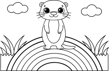 Cartoon Otter Standing on Rainbow with Clouds and Grass Outline on Transparent