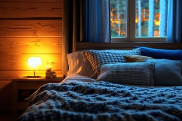 Bedroom at night featuring a knitted blanket on the bed and illuminated lamps