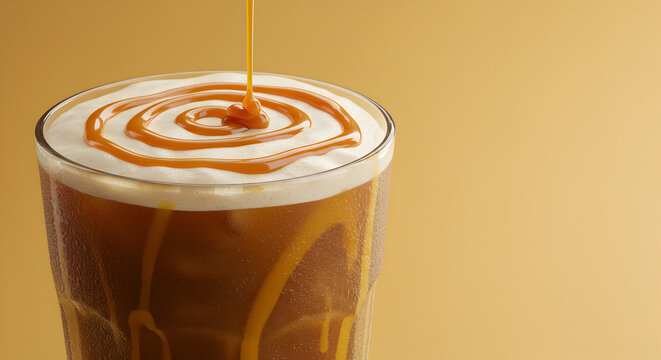 Iced hazelnut latte with creamy topping and caramel drizzle on a light orange background