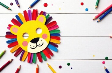 Colorful lion mask with art supplies on white wooden background