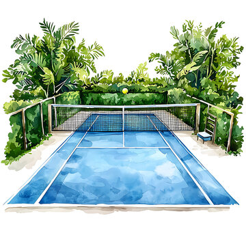 Watercolor illustration of a blue tennis court net green foliage and a yellow tennis ball suspended in mid-air.
