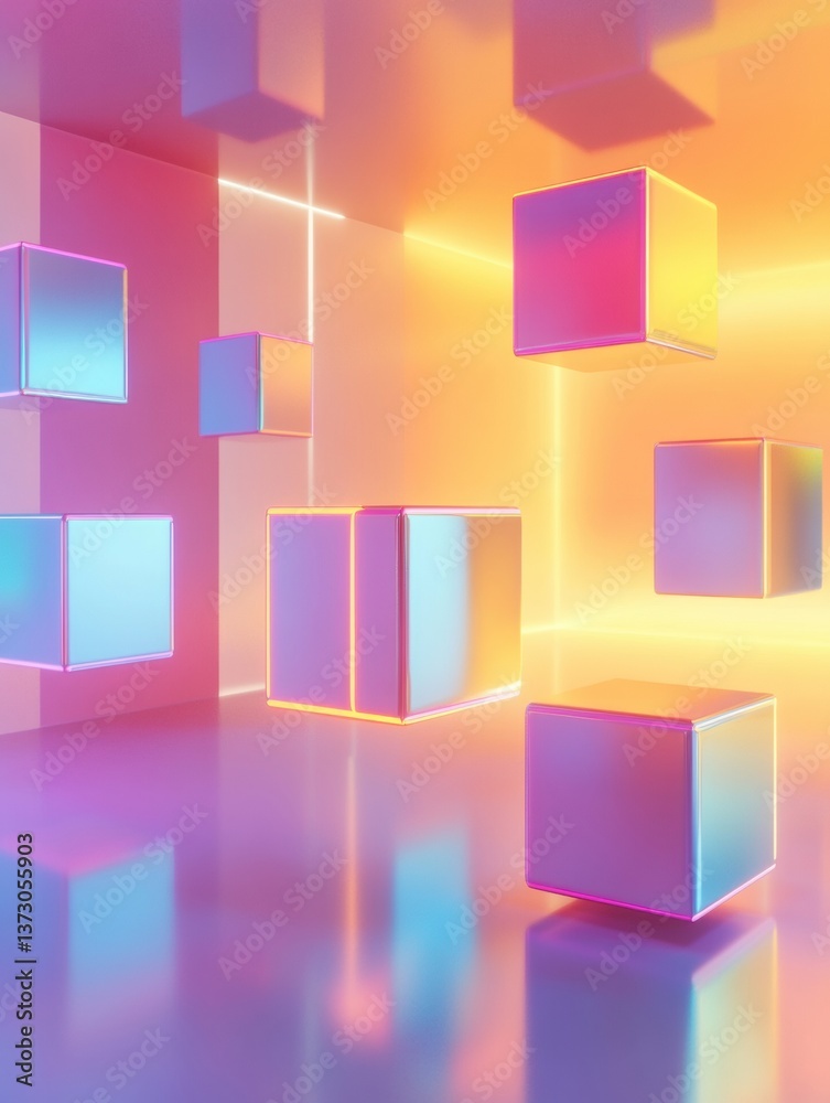 Poster Futuristic minimalistic setting featuring colorful 3D cubes with soft reflections and neon gradients in a vibrant, abstract space
