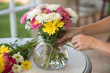 Flower Arrangement Hands Creating Beautiful Colorful Bouquet Decoration