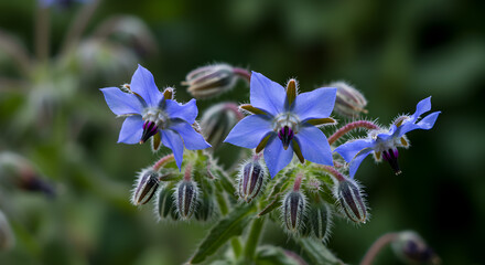 Charming close up of vibrant blue borage flowers with star-shaped petals