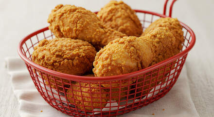 Delicious crispy fried chicken in a bright red vintage basket, appetizing presentation
