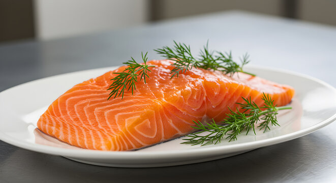 A vibrant salmon fillet artfully adorned with fresh dill sprigs on a white plate